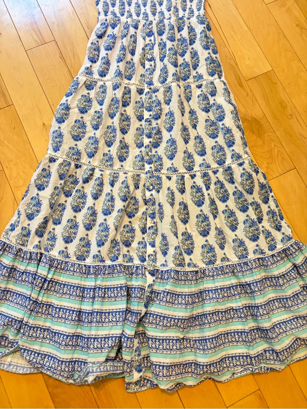 Playa Lucila Smock Border Dress Blue White Floral Print Maxi size small - Picture 3 of 9